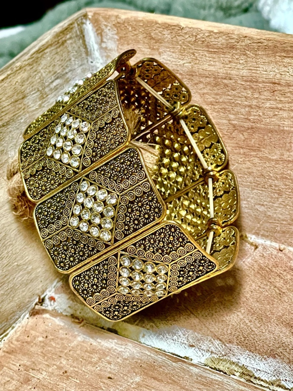 Gold Tone Filigree Stretch Bracelet with Clear Crystal Accents